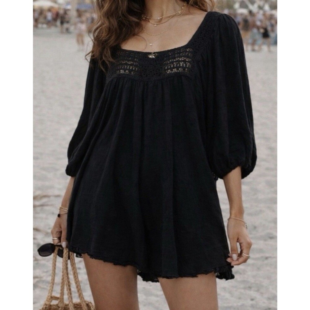Free People Dancing in the Waves Romper Small Black Crochet Trim Boho Wide Leg